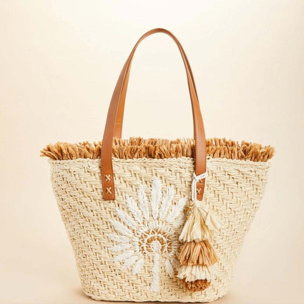 Spartina 449 fringe raffia Palmetto tote pom pom floral woven